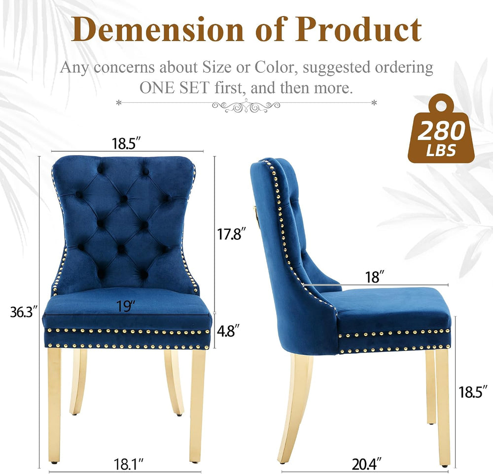 Blue Velvet Dining Chairs Set of 2, Elegant Tufted & Nailhead, Gold Legs ...