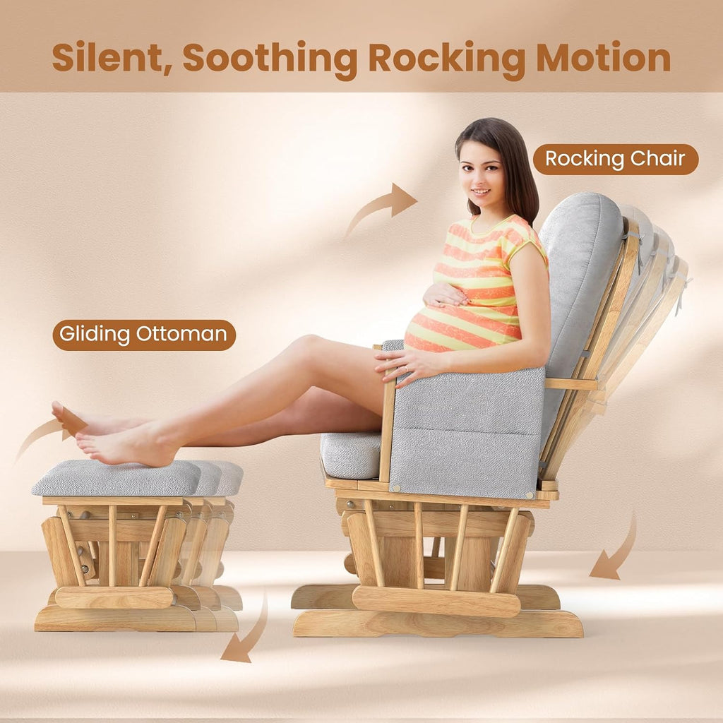 DORTALA Baby Glider Rocker with Ottoman, Multiposition Lockable Glider with Cleanable Upholstered, Smooth Rocking Motion, Nursery Glider & Ottoman Sets for Nursing Baby, Reading (Grey and Natural)