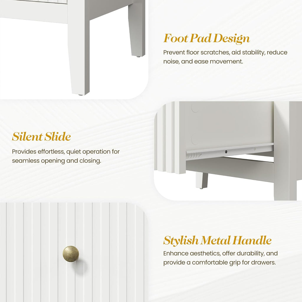 White Fluted 4 Drawer Dresser Set of 2 for Bedroom, Modern Chest of Drawers, Wood Dresser for Storage Clothes, Wooden Storage Cabinet Nightstand for Bedroom, Hallway, Living Room, Entryway