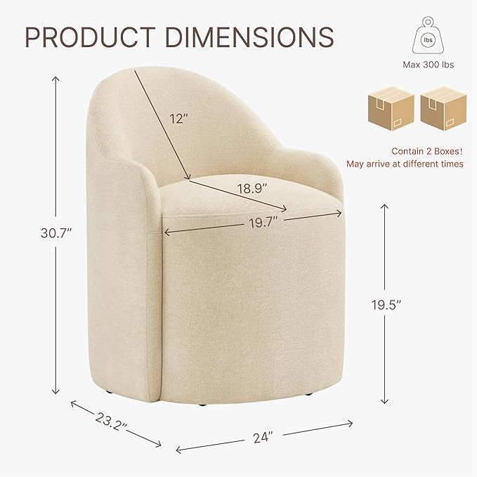 Upholstered Dining Chairs with Casters, No Assembly Modern Dining Room Chairs Accent Vanity Chair with 5 Wheels & Round Backrest for Bedroom, Living Room, Dressing, Sand Fabric, Set of 2
