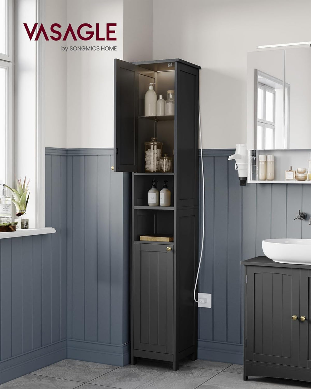 VASAGLE Tall Storage Cabinet with Lights, Slim Freestanding Cabinet with Adju...