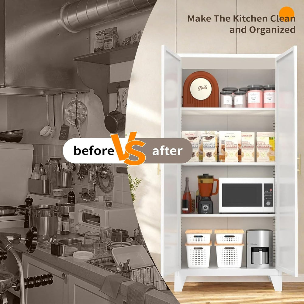 Metal Pantry Cabinet, Kitchen Pantry Storage Cabinets with 2 Door and Adjusta...