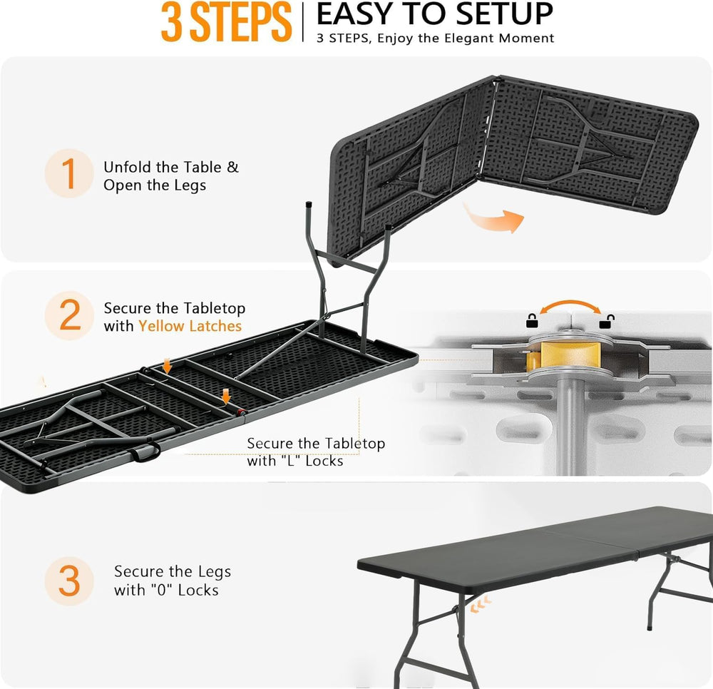 8FT Heavy Duty Folding Table,Fold-in-Half Portable Plastic Utility Table with...