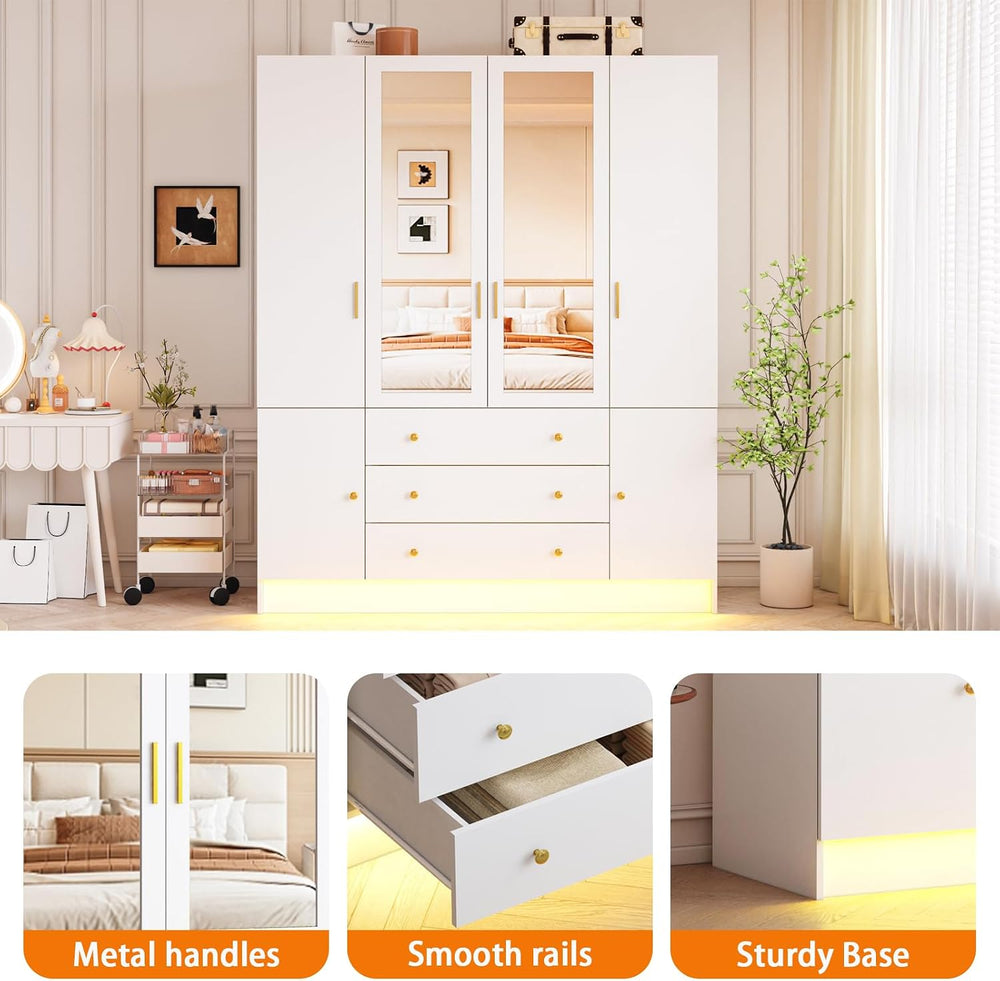 4 Doors LED Armoire Wardrobe Closet with Mirror, 75" Tall Modern Wooden ...