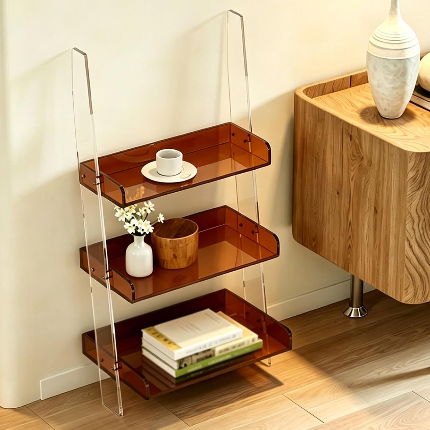 3 Tier Acrylic Ladder Corner Shelf, Freestanding Storage Display Rack with Anti Fall Raised Edge, Space Saving Side Table Organizer for Living Room Office Home Decor(Brown)