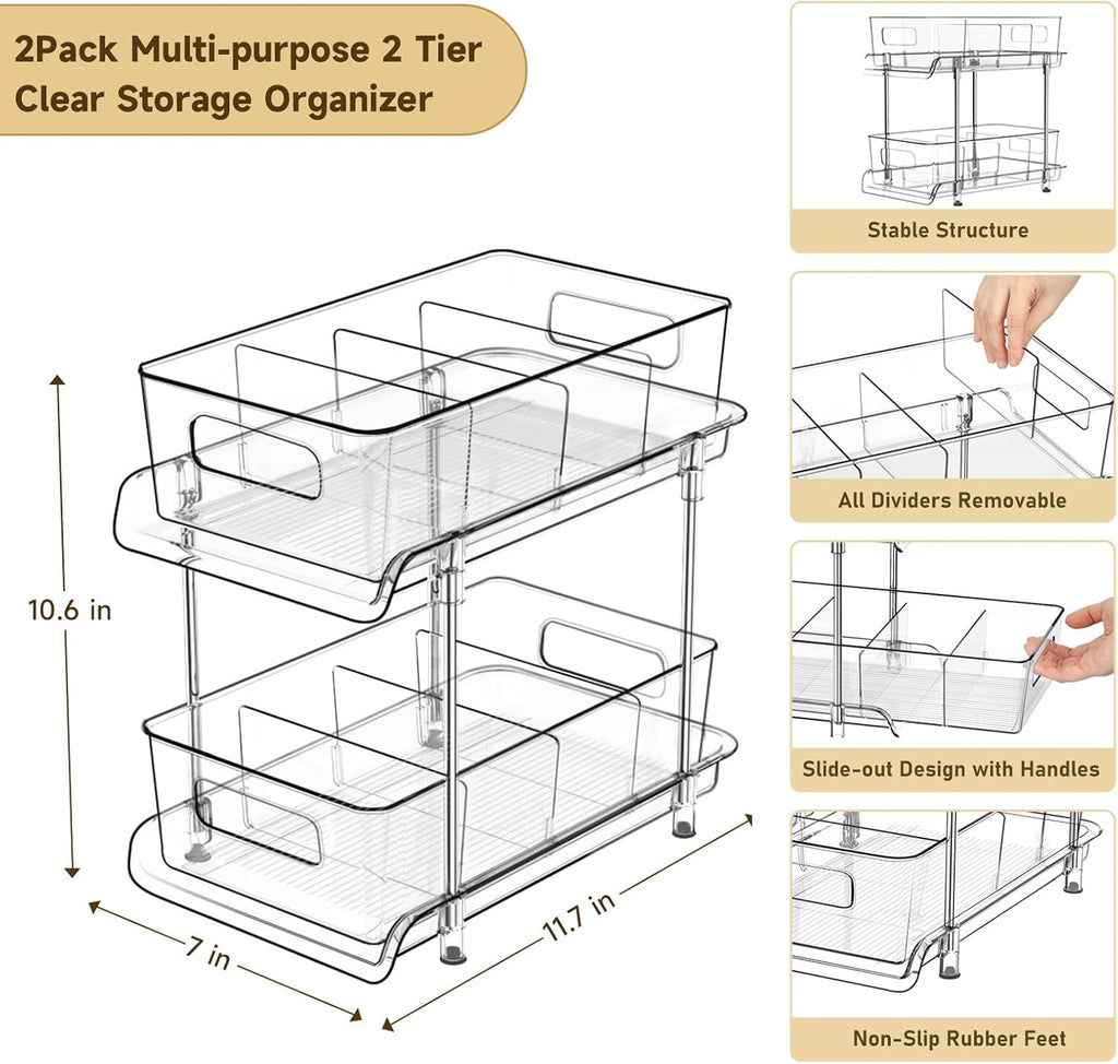 HIHEGD 2-Tier Bathroom Organizer with Dividers, Clear Under Sink and Pull-Out Cabinet Organizer for Kitchen and Pantry Storage