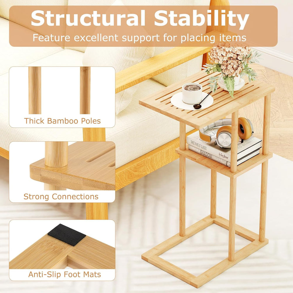 Giantex Bamboo Side Table Set of 2, 3-Tier Narrow End Table with Storage Shel...