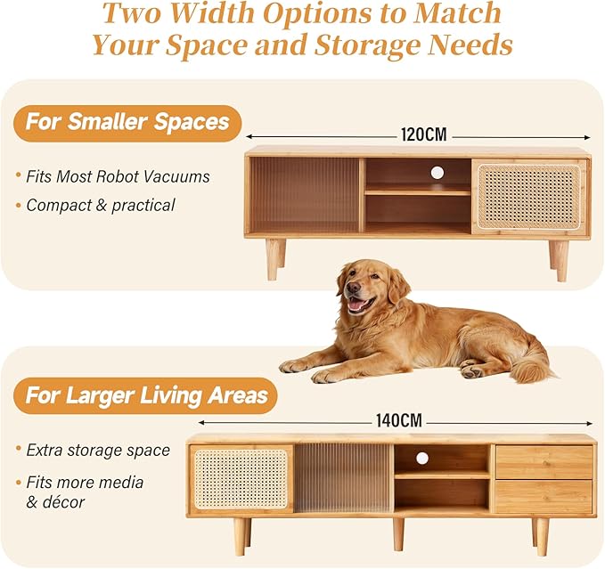 Tiita Rattan TV Stand for 55 Inch TV, Bamboo TV Cabinet with Adjustable Shelf and Storage, Boho Entertainment Center, Mid Century Modern Media Console for Bedroom, Living Room, Study (Natural)