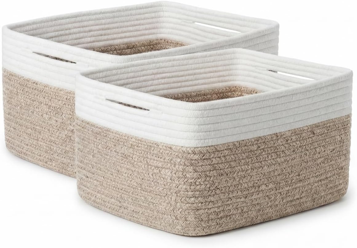 Large Storage Basket for Shelves 16.8”x13”x7.5”2 Pack | Large Baskets for Storage, Soft Cotton Rope Woven Baskets for Shelves, Closet, Laundry, Bathrooms, Blanket, Clothes, Closet