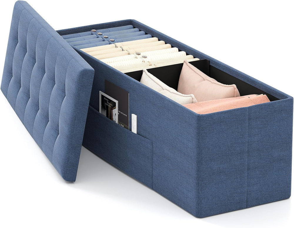 GOFLAME 43 Inches Folding Storage Ottoman Bench, Linen Fabric End of Bed Benc...