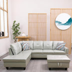 L Shaped Couch Sectional Couches with Chaise and Storage Ottoman, 3 Pieces Modular Convertible Sofa for Living Room Furniture Sets and Small Apartment Faux Leather, Silver Green