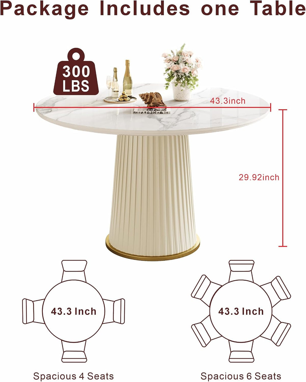 White Dining Table 43.30" Round Kitchen Table with Imitation Marble Grai...