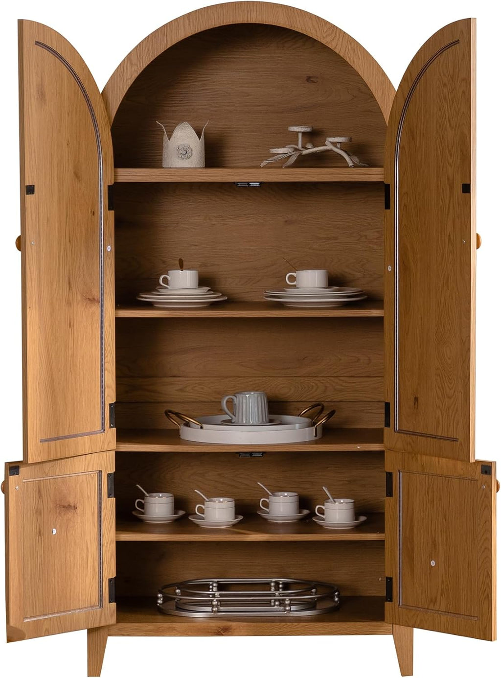 Arched Kitchen Pantry Cabinet, 63.39" Tall Kitchen Storage Cabinets, Rattan Bookcase with Doors and Adjustable Shelves, Freestanding Cupboard for Living Room, Dining Room - Natural