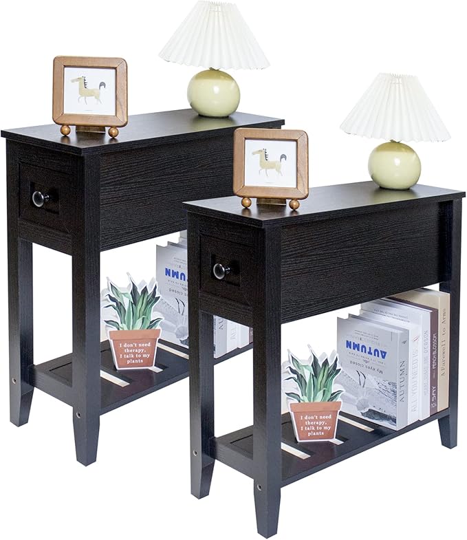 Narrow End Table, Black Couch Table with Drawer, Slim Bed Side Table for Small Space/Night Stand Set of 2, Side Table for Couch