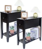 Narrow End Table, Black Couch Table with Drawer, Slim Bed Side Table for Small Space/Night Stand Set of 2, Side Table for Couch