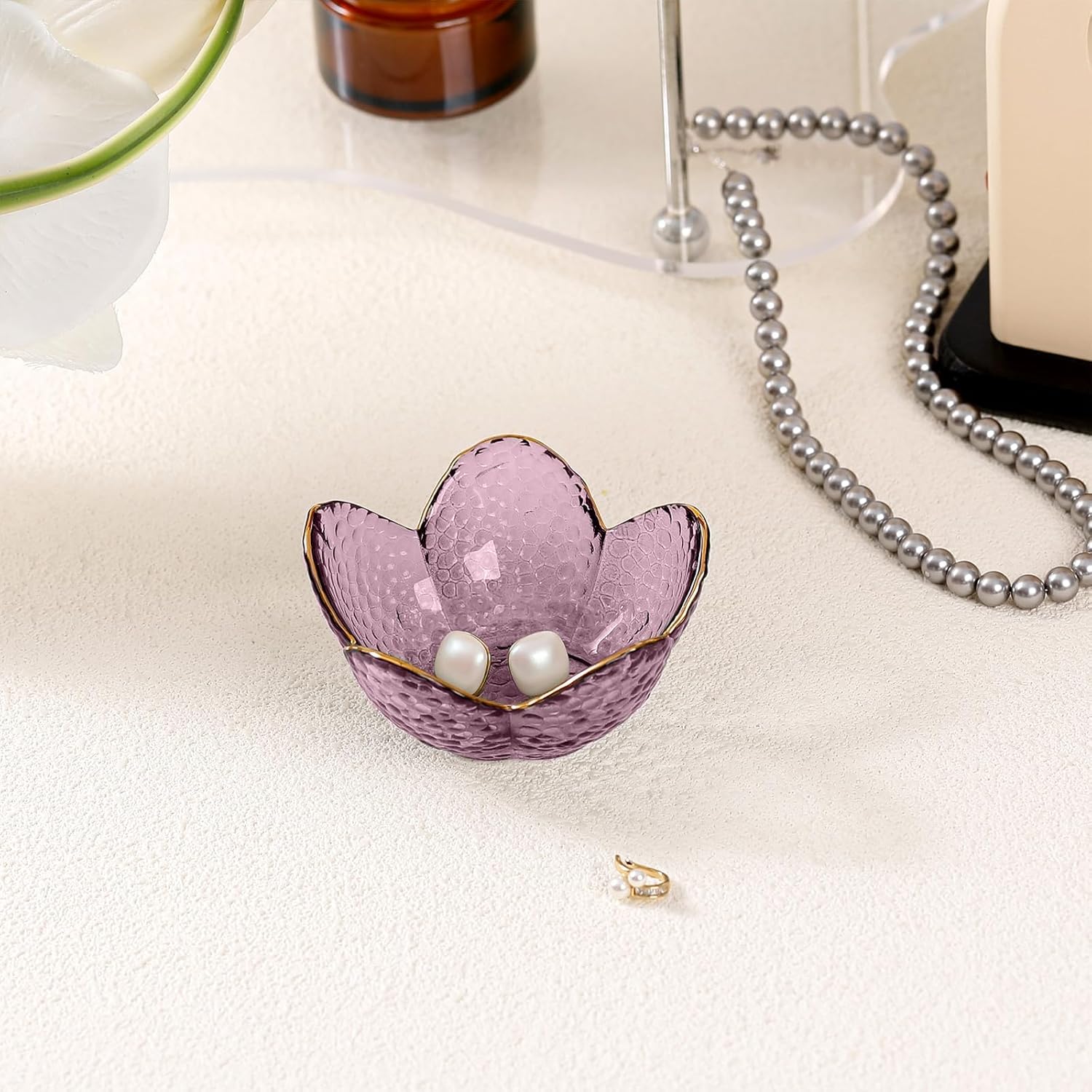 Purple Flower Jewelry Dish Glass Ring Holder Dish Jewelry Tray Cute Vanity Organizer Aesthetic Nightstand Bathroom Room Decor Trinket Dish Mothers Day Friendship Christmas Birthday Gifts for Women