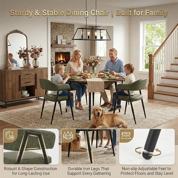 HNY Modern Dining Room Arm Chairs Set of 2, Green Retro Faux Leather Upholstered Barrel Dining Chairs with Arms Mid-Century Accent Chair with Metal Legs, Open-Back Kitchen Side Chairs for Living Room