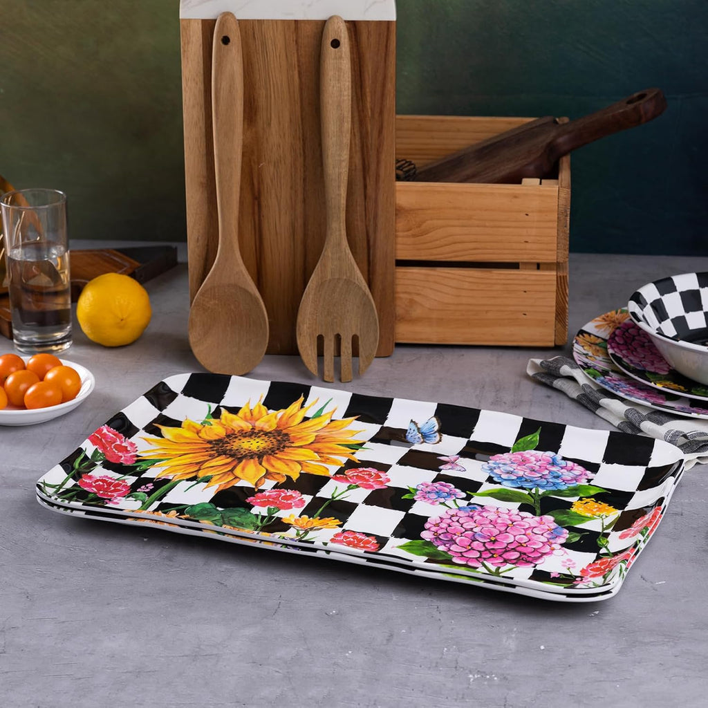 LEHAHA Rectangular Melamine Sunflower Serving Tray, 2-Piece Hydrangea Serving Platter Set, 17.5" x 10" Colorful Trays/Platters Sets for Outdoor and Indoor Dining and Entertaining Parties,Black Plaid