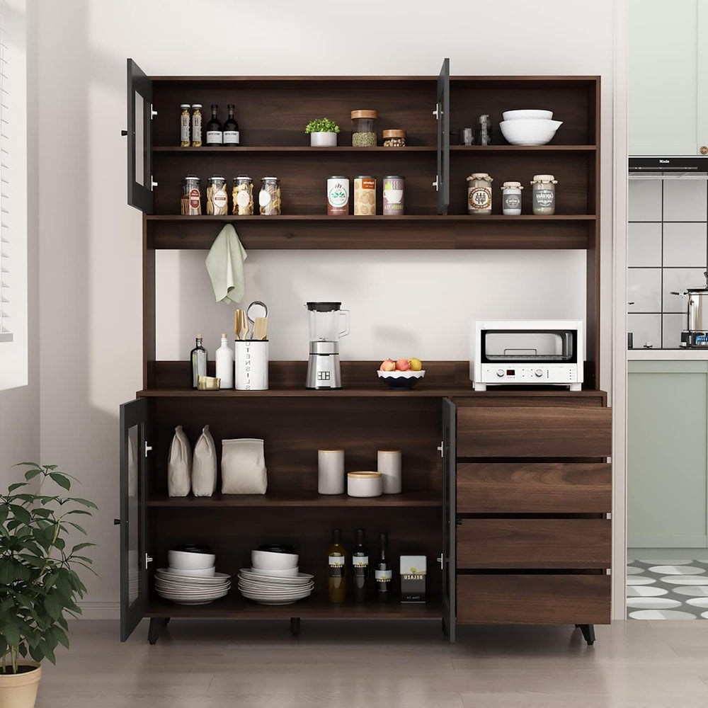 AGOTENI Large Kitchen Hutch Cabinet, Storage Cupboard Pantry with 4 Glass Doo...