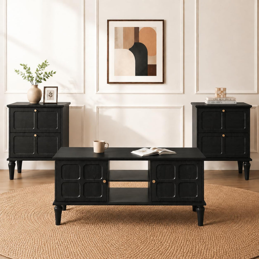 ARTPOWER 3 Piece Mid-Century Living Room Table Set, Black | Coffee Table and ...