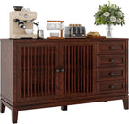 47" Walnut Farmhouse Buffet Sideboard Cabinet with Slat Doors for Kitchen | Wood Credenza with 4 Drawers & 2 Doors Coffee Bar Storage Cabinet with Adjustable Shelf for Living Room Entryway