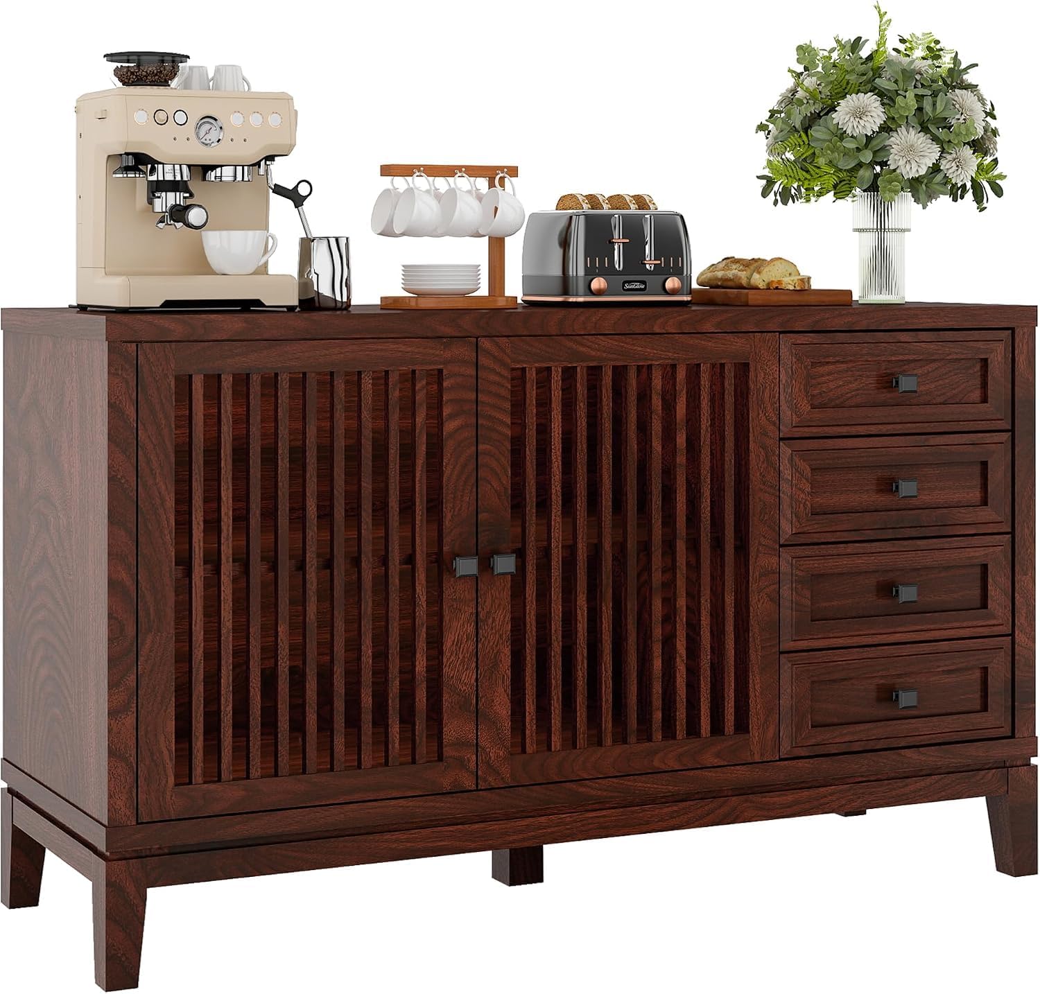 47" Walnut Farmhouse Buffet Sideboard Cabinet with Slat Doors for Kitchen | Wood Credenza with 4 Drawers & 2 Doors Coffee Bar Storage Cabinet with Adjustable Shelf for Living Room Entryway