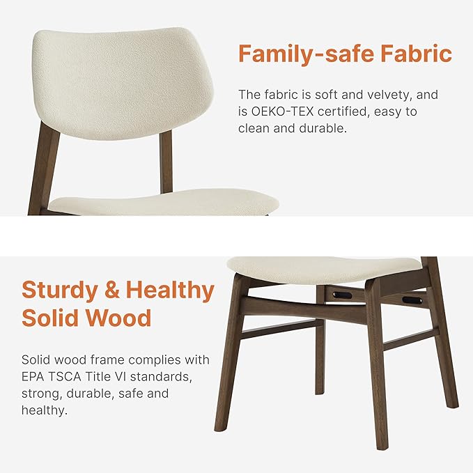Wooden Dining Chairs Set of 6, Upholstered Modern Dining Room Chairs, Solid Oak Wood Kitchen Chairs with Soft Cushion Backrest for Farmhouse, Restaurant, Café (Cream Fabric & Walnut Color)