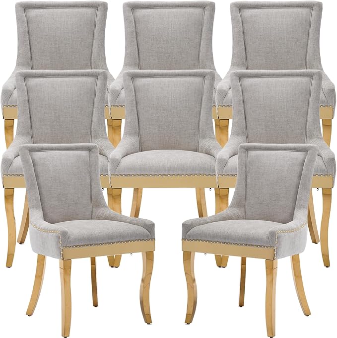 Dining Chairs Set of 8, Kitchen & Dining Room Chairs, Chenille Fabric Upholstered Dinning Chairs, Sillas De Comedor, Nailhead Trim, Metal Legs (Beige, 8 Pcs)