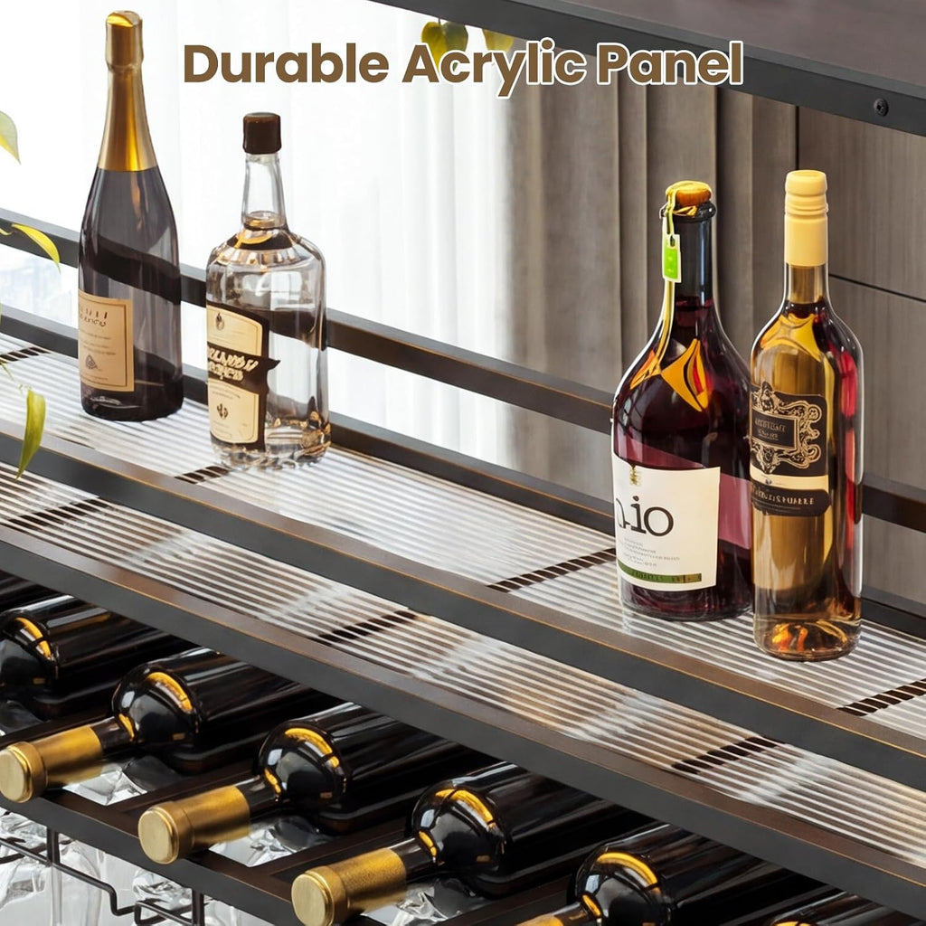 55" Industrial Ceiling Wine Glass Rack with LED, 3-Tier Ceiling Shelf with Wine Glass Holder and Acrylic Shelf, Hanging Wine Rack with Cup Holder for Bar, Home, Cafe