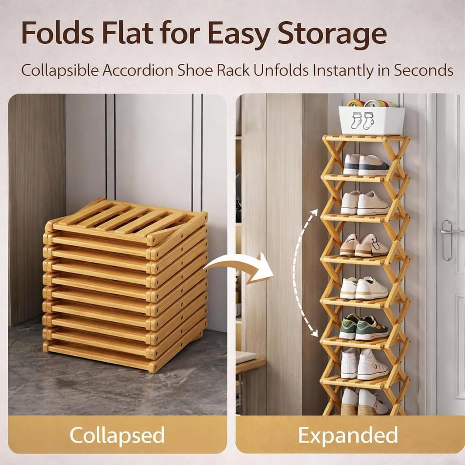 GDSAFS 2-9 Tier Bamboo Shoe Rack, 2026 New Sturdy Foldable Shoe Organizer, High-Capacity No-Assembly Vertical Storage with Anti-Slip Base for Hallway, Bedroom, Corner, Kids' Room (Brown,9 Layers)