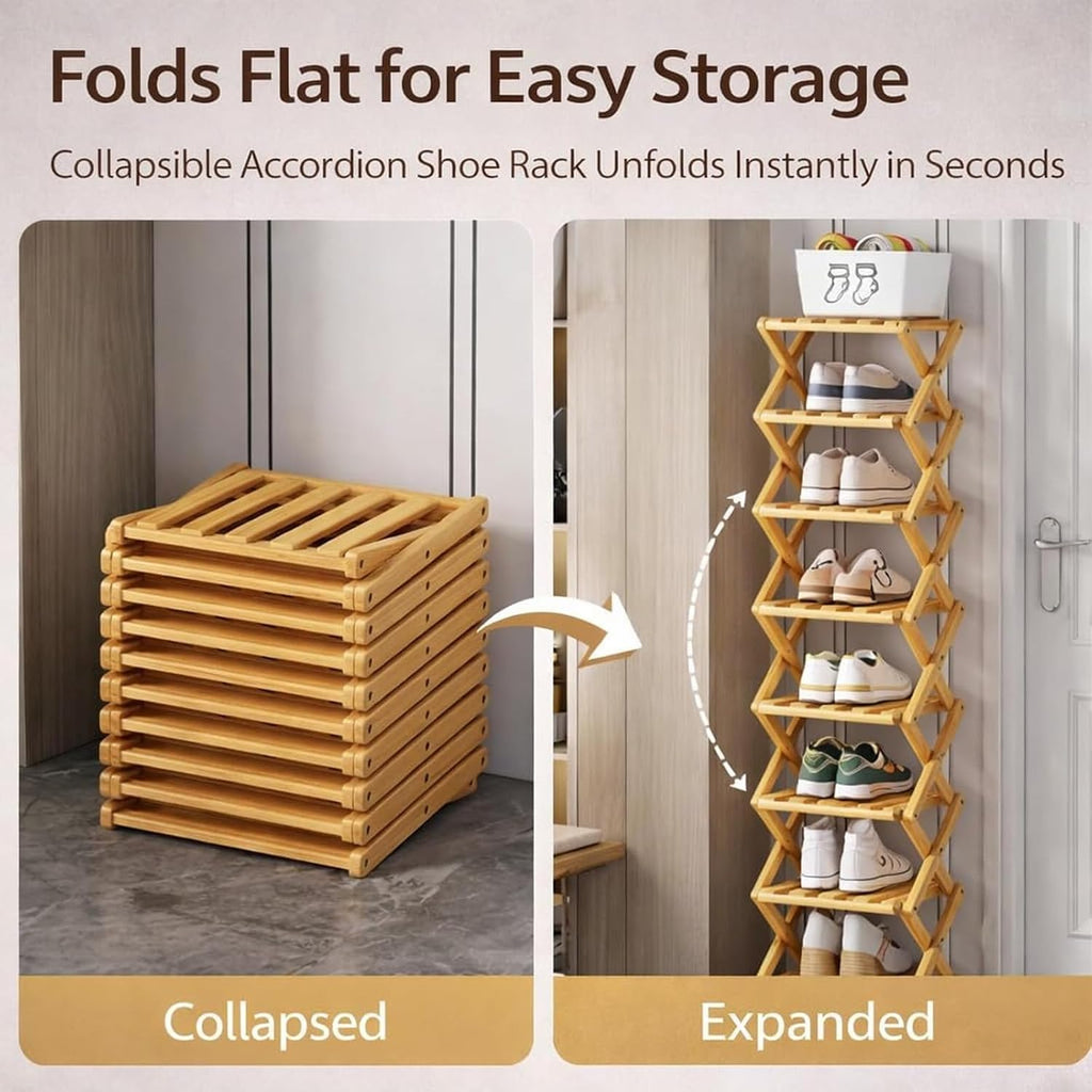 GDSAFS 2-9 Tier Bamboo Shoe Rack, 2026 New Sturdy Foldable Shoe Organizer, High-Capacity No-Assembly Vertical Storage with Anti-Slip Base for Hallway, Bedroom, Corner, Kids' Room (Yellow,7 Layers)