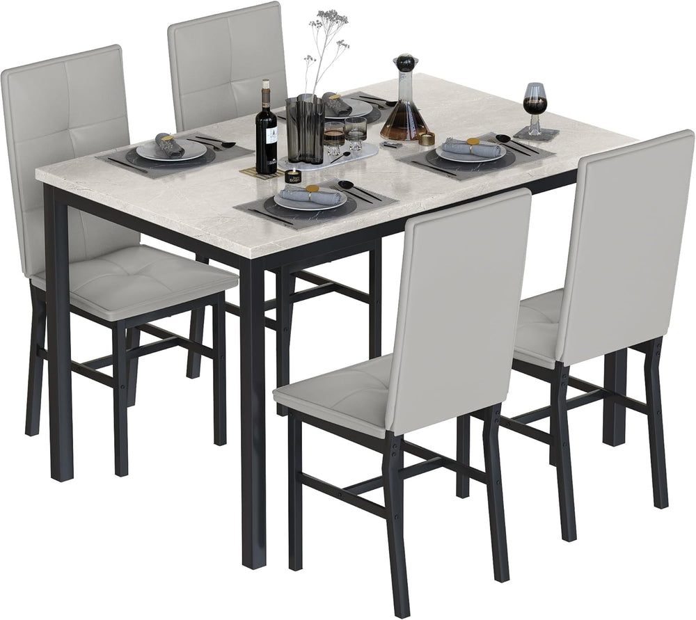 Hooseng Dining Table Set for 4, Faux Marble Small Kitchen Table with 4 PU Lea...