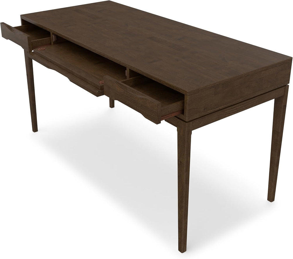 SIMPLIHOME Harper 60" Wide Solid Wood Writing Desk in Walnut Brown