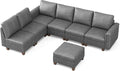 SITJOY 118" Faux Leather Modular Sectional Sofa with Storage, Mid Century Modern Sectional Couches for Living Room, Soft Padded Armrests, 7 Seat L Shaped Couch with Ottoman, Gray