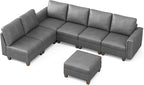 SITJOY 118" Faux Leather Modular Sectional Sofa with Storage, Mid Century Modern Sectional Couches for Living Room, Soft Padded Armrests, 7 Seat L Shaped Couch with Ottoman, Gray