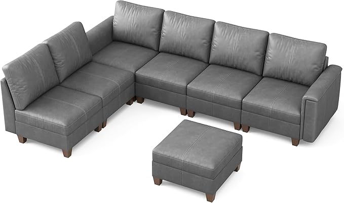 SITJOY 118" Faux Leather Modular Sectional Sofa with Storage, Mid Century Modern Sectional Couches for Living Room, Soft Padded Armrests, 7 Seat L Shaped Couch with Ottoman, Gray