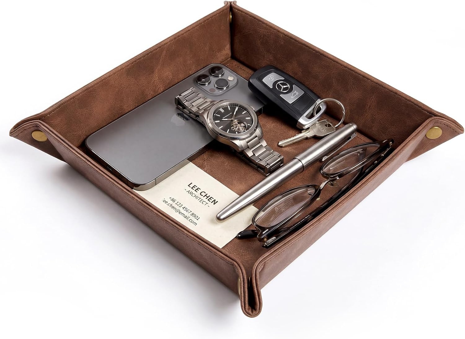 CoBak Leather Valet Tray, Premium PU Leather Catch-All Tray for Entryway Table Key, Phone, Wallet, Coins & Jewelry, Bedside Nightstand Desk-top Catchall (Brown)