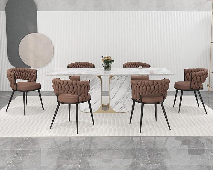 KCC Fabric Dining Chairs Set of 6, Modern Dining Chair with Metal Legs, Woven Upholstered Dining Chairs for Dining Room, Kitchen, Vanity, Living Room (Brown)