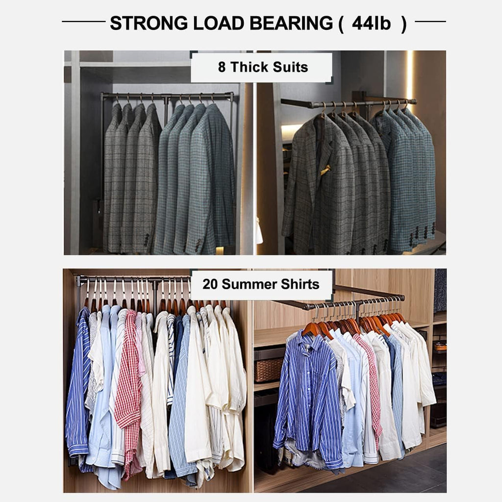 Pull Down Closet Rod for Hanging Clothes, Retractable Wardrobe Hanger for Cabinet Inside Width 21.6"~26", Aluminium alloy Tubing with Plastic Housing, 44 lb Weight Rating