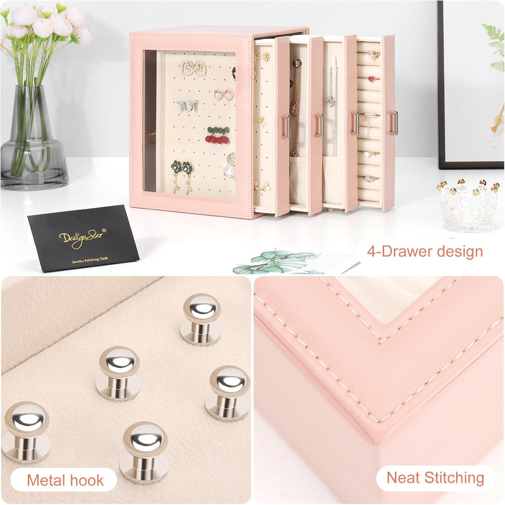 DesignSter Jewelry Box Organizer, Jewelry Box for Women, PU Jewelry Organizer Display Case with Side Drawers, Jewelry Storage for Earring Necklace Ring Bracelet Watch