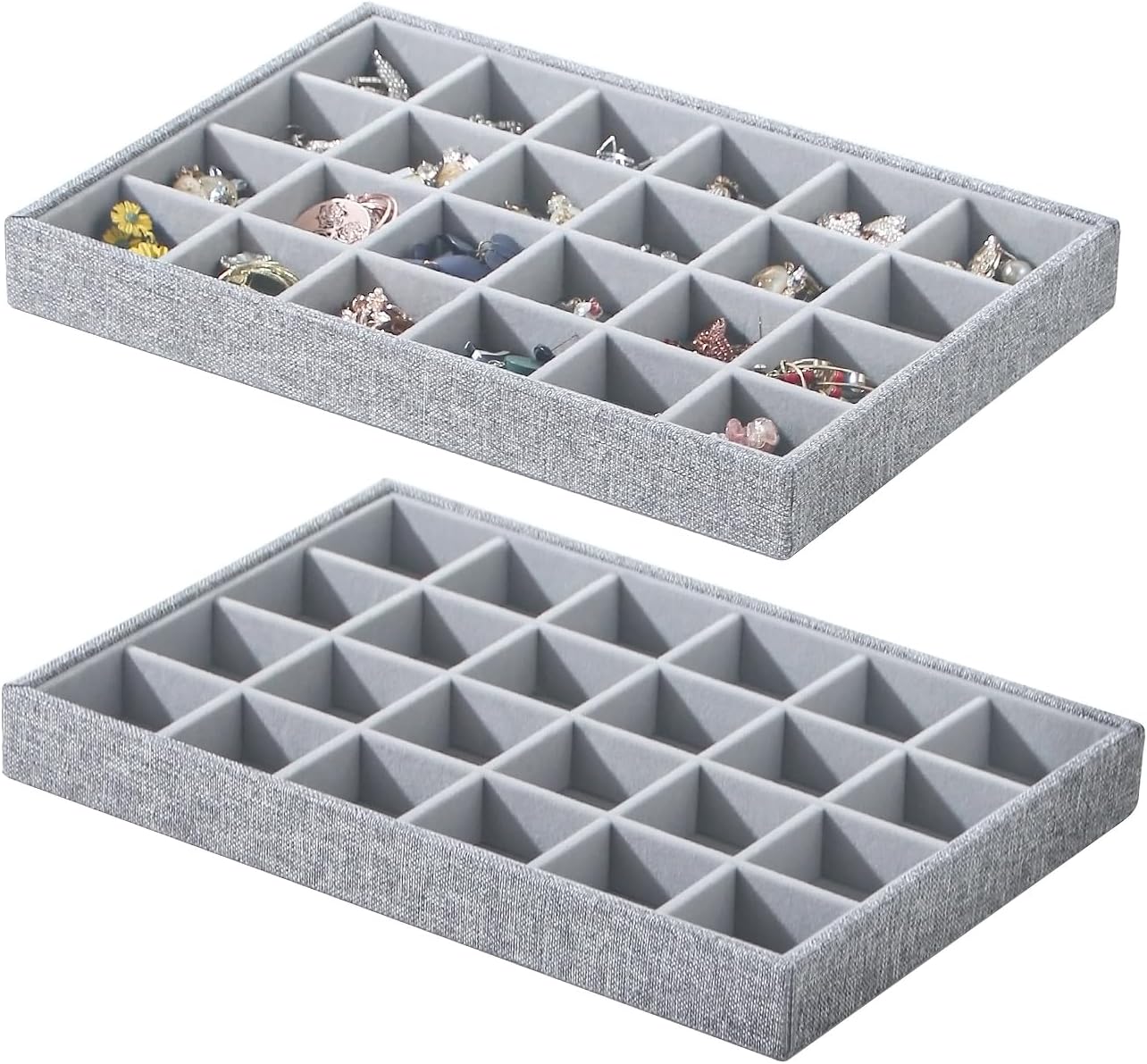 Stackable Jewelry Organizer Tray For Drawers,White Leather Small Earring Storage Tray,Bracelet And Necklace Display Box,Jewelry Ring Display Case (Gray 24 Grids)