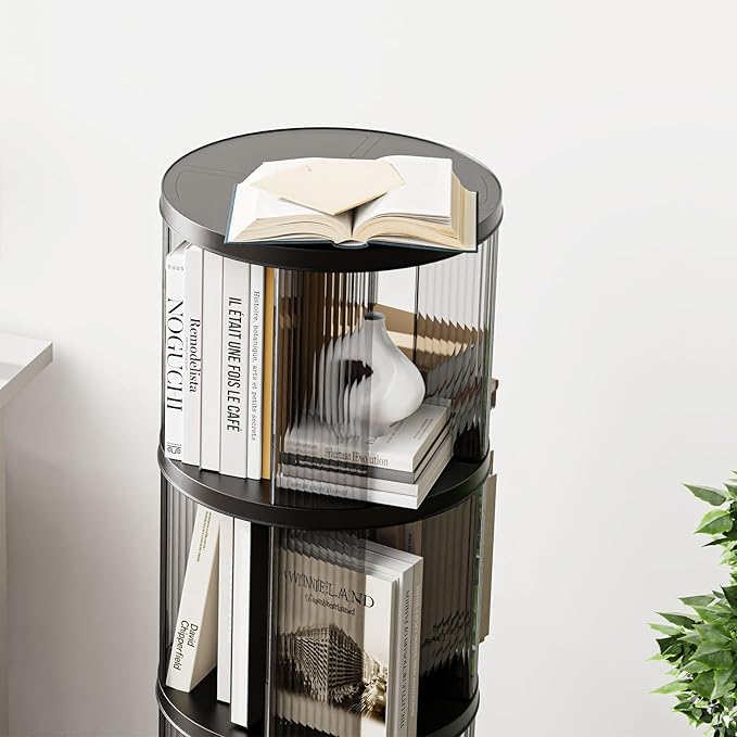 4 Tier Rotating Bookshelf, Small Corner Bookshelf for Small Space, 360 Display Floor Standing Bookcase, Lazy Susan Plastic Narrow Book Organizer for Bedroom, Living Room, Round, Black