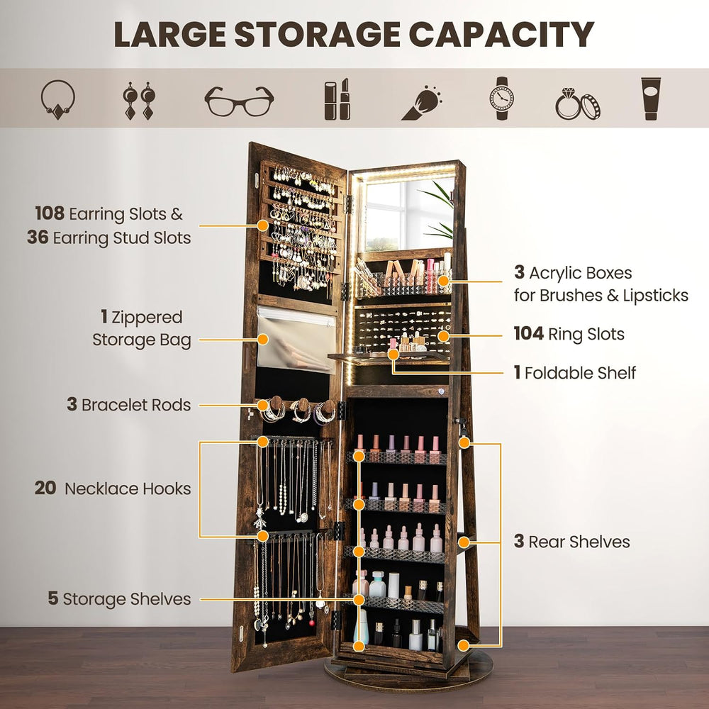 CHARMAID 360° Swivel Jewelry Armoire with LED Lighted Full Length Mirror