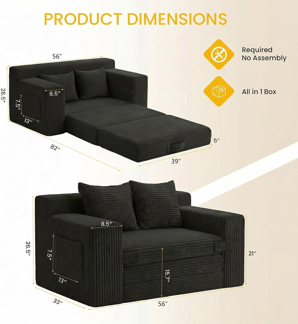 Couch, Loveseat Sleeper Sofa Bed – 3-in-1 Convertible Couch Bed with Side Poc...