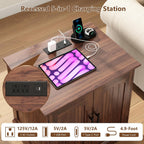 HOKYHOKY Rattan End Table with Charging Station, 24" Large Sofa Side Tabl | 2 Arched Doors, Boho Wood Square Nightstand, Bedside Tables with Adjustable Storage Shelf, Living Room, Bedroom