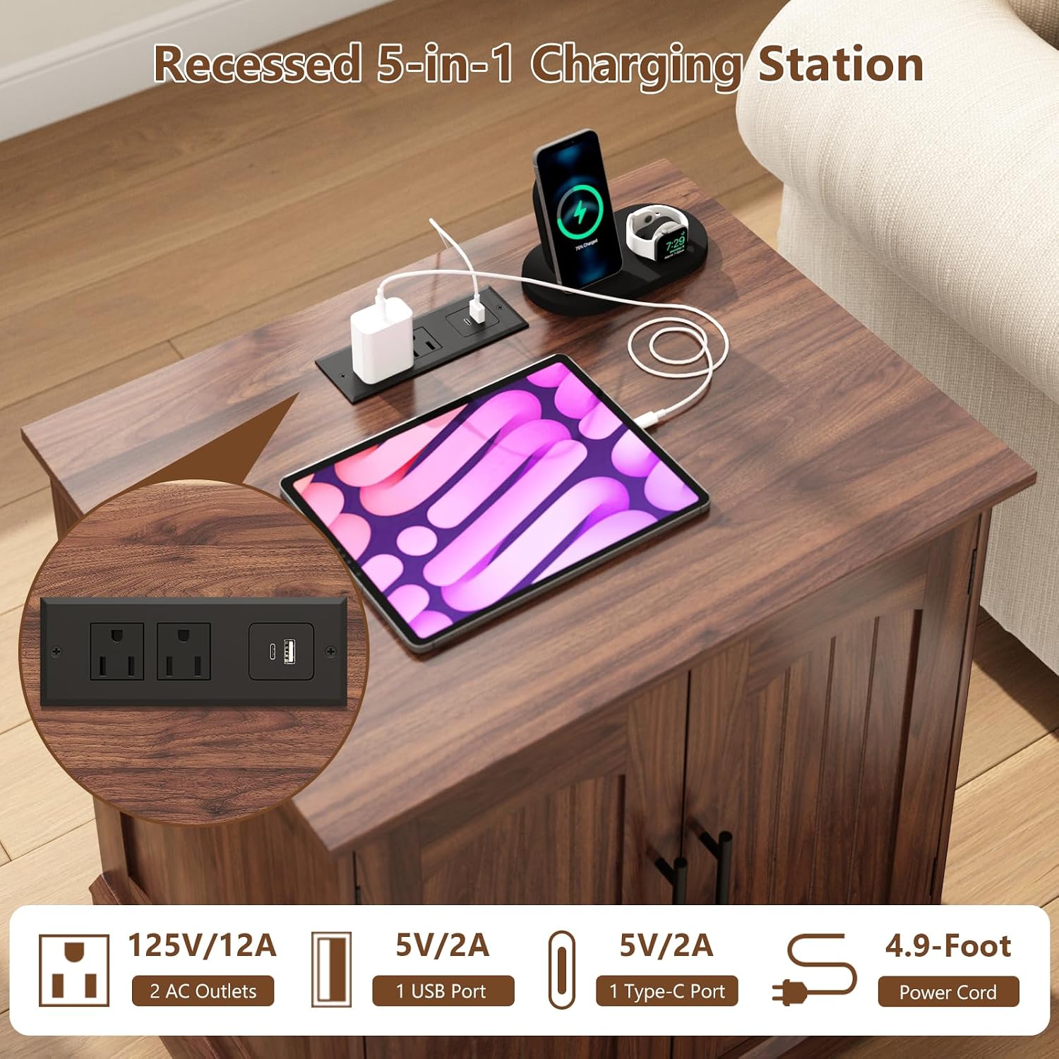 HOKYHOKY Rattan End Table with Charging Station, 24" Large Sofa Side Tabl | 2 Arched Doors, Boho Wood Square Nightstand, Bedside Tables with Adjustable Storage Shelf, Living Room, Bedroom
