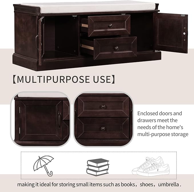 42″ Storage Bench with 2 Drawers and 2 Cabinets，Multipurpose Entryway Shoe Rack W/Removable Cushion，for Living Room Hallway Porch,Espresso