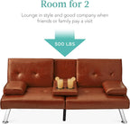 Best Choice Products Faux Leather Upholstered Modern Convertible Futon, Adjustable Folding Sofa Bed, Guest Bed w/Removable Armrests - Medium Brown