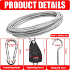 40ft Clothes Line Outdoors 3/16" Wire Ropes Silver PVC Coating Laundry Drying Clothesline Retractor with Metal Hooks Heavy Duty for Umbrella Travel Outside Camping Backyard
