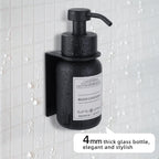 Black Glass Soap Dispenser Wall Mount for Bathroom with Pump and Drill-Free Holders - 8.5 Oz Hand Soap Dispenser, Shower Dispenser with Waterproof Labels